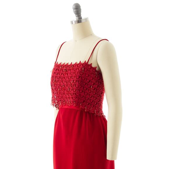 Vintage 1960s Cocktail Dress 60s Beaded Rhinestone Lace Red Sheath Wiggle Party - Picture 5 of 10